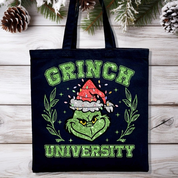 Christmas Grinch University Green Red Glitter Black Cotton Canvas Tote - Picture 1 of 2